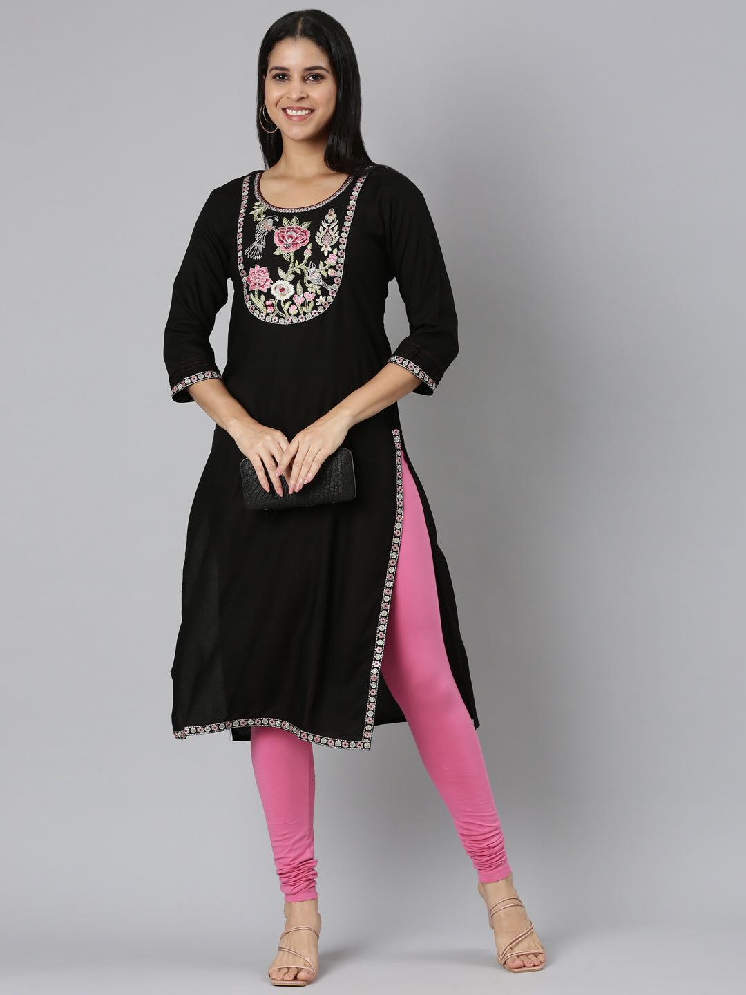 Neerus Black rayon printed straight kurta - detail view 2
