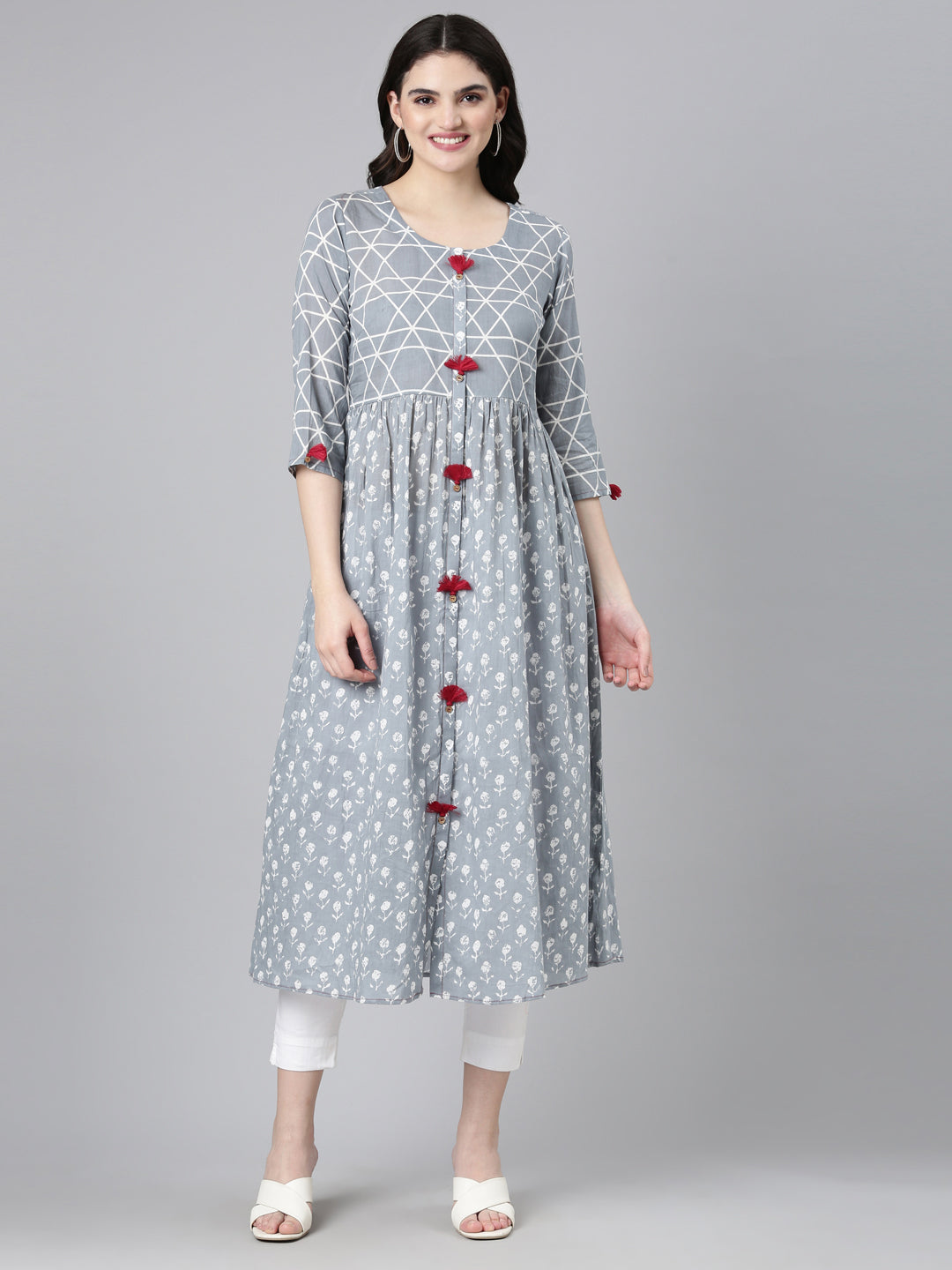 Neerus Multi cotton printed A-line kurta set - front view