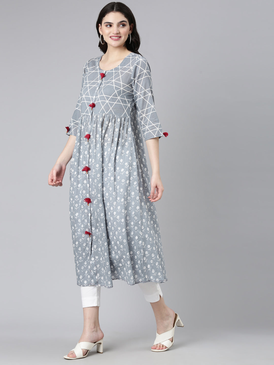 Neerus Multi cotton printed A-line kurta set - back view