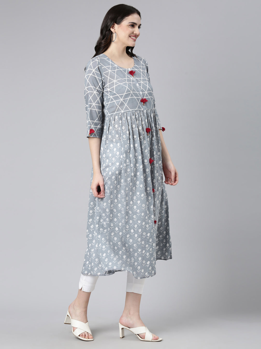 Neerus Multi cotton printed A-line kurta set - side view