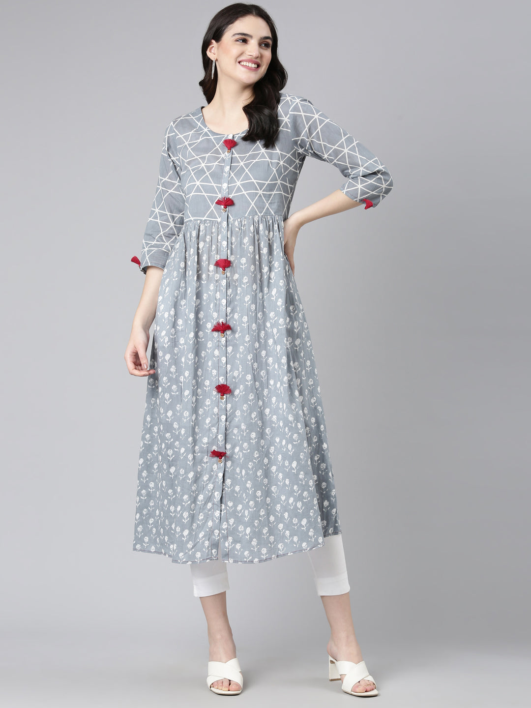 Neerus Multi cotton printed A-line kurta set - detail view 3