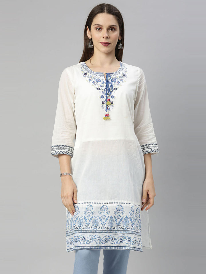 Neerus White cotton embroidered kurti - front view