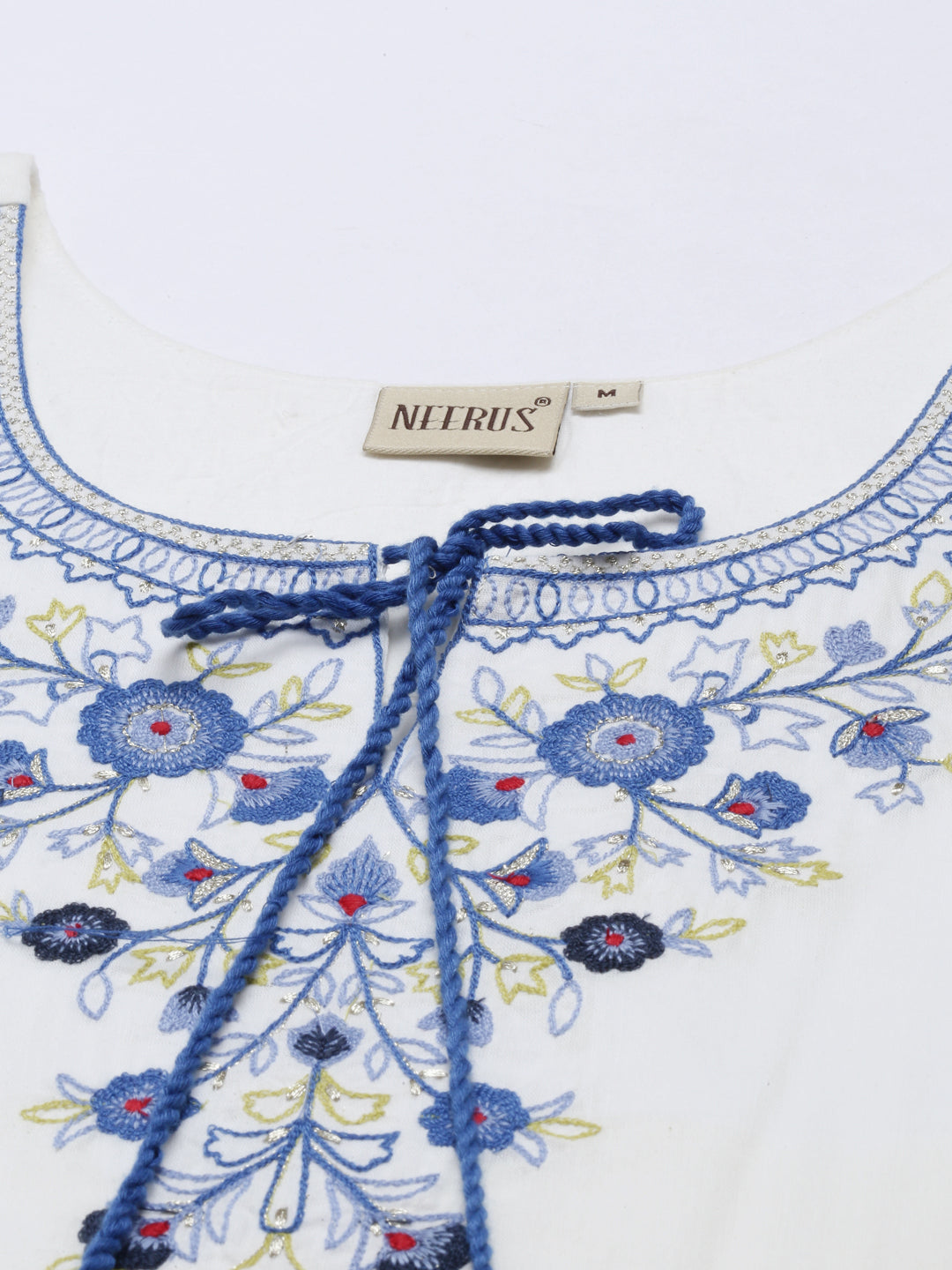Neerus White cotton embroidered kurti - detail view 1