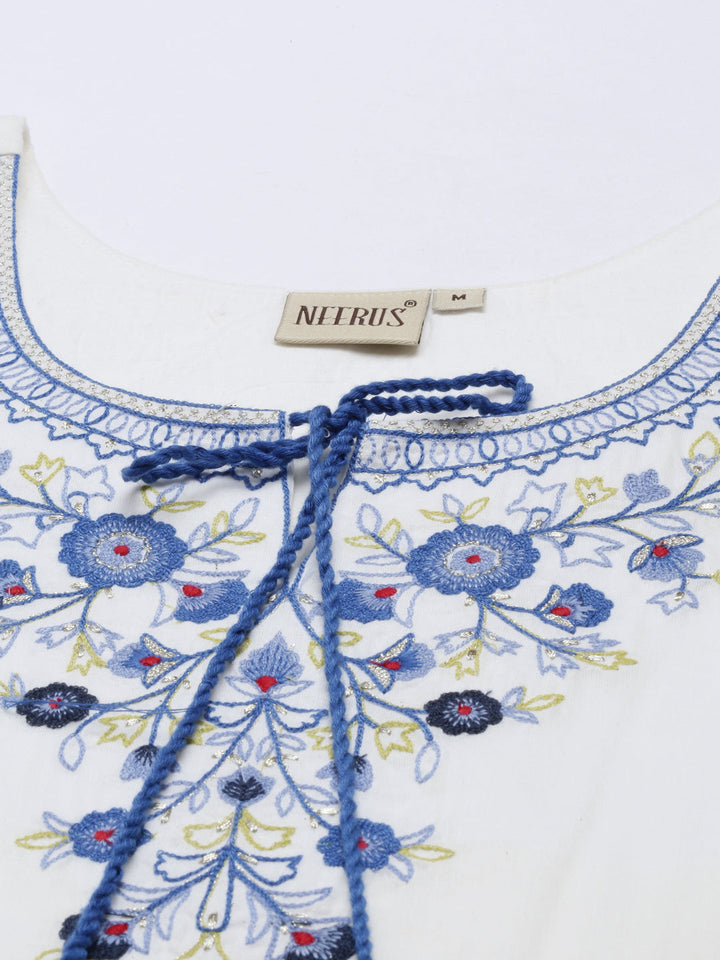 Neerus White cotton embroidered kurti - detail view 1