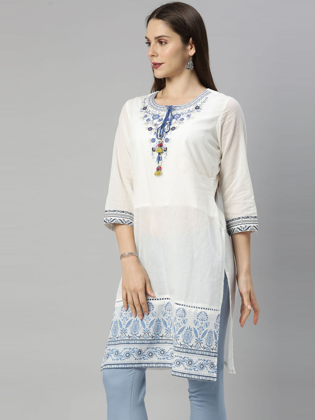 Neerus White cotton embroidered kurti - back view