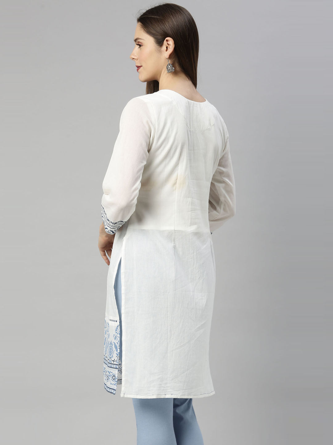 Neerus White cotton embroidered kurti - side view