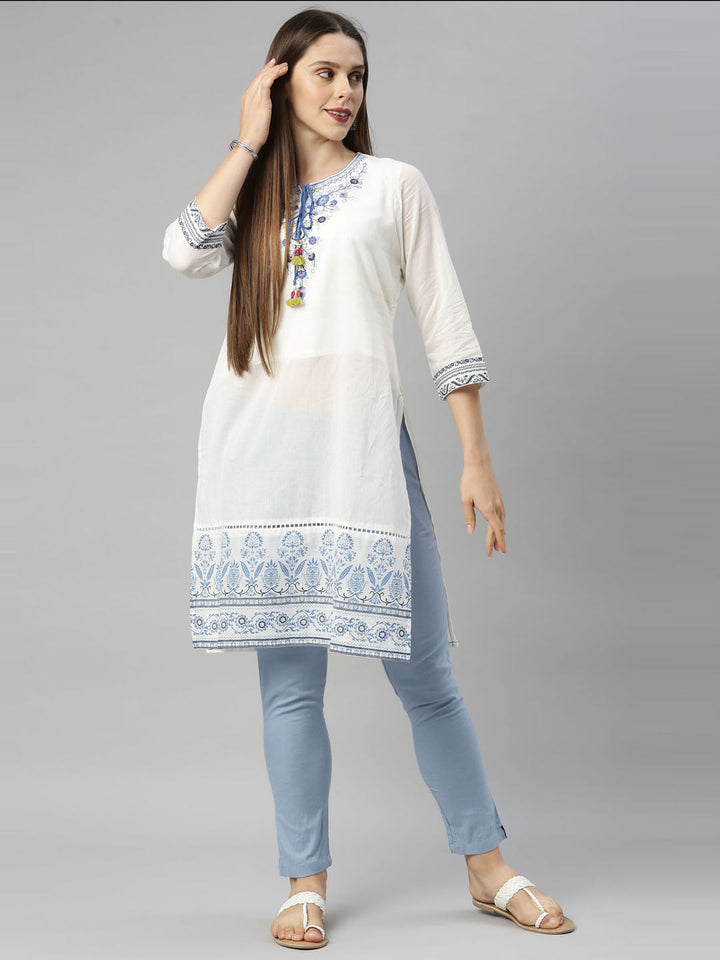 Neerus White cotton embroidered kurti - detail view 2