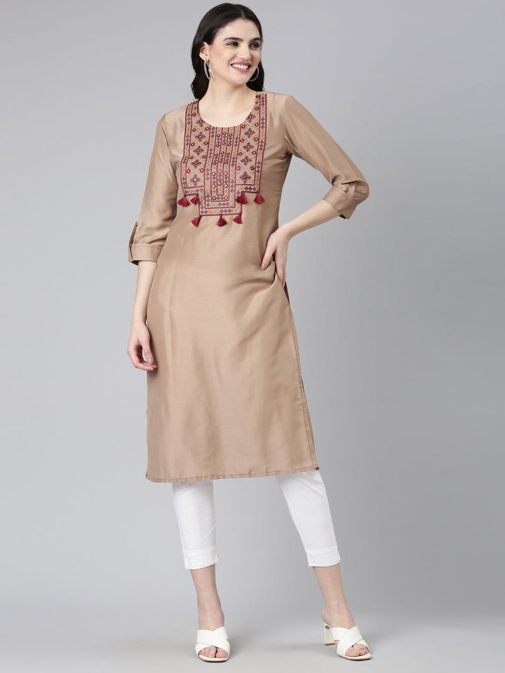 Neerus Brown muslin embroidered straight kurti - front view