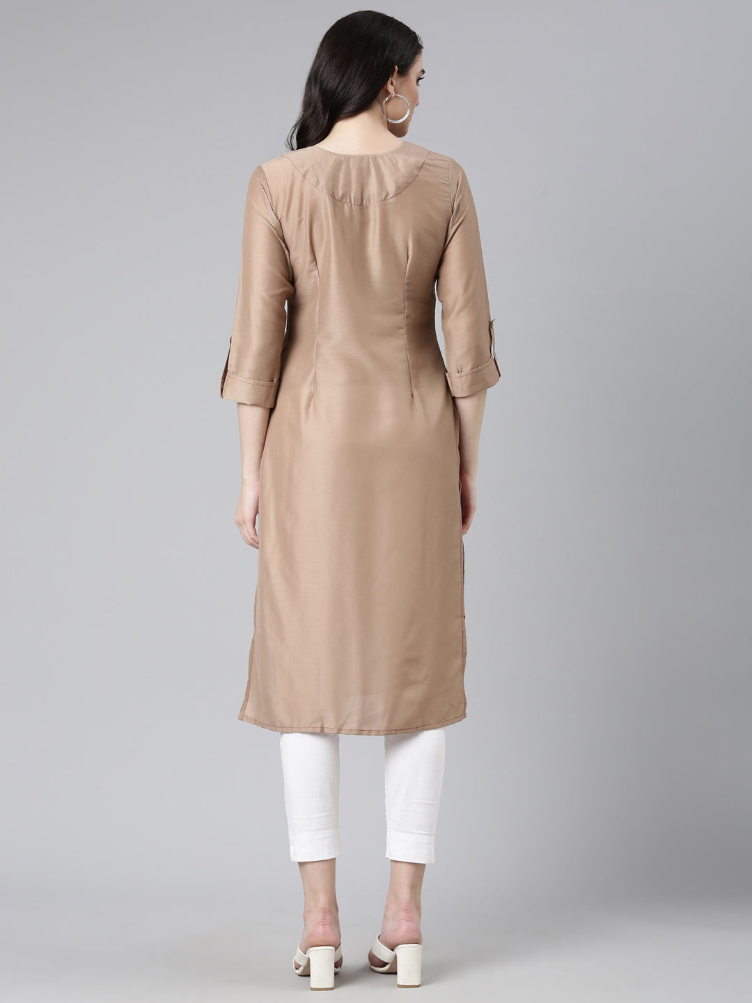 Neerus Brown muslin embroidered straight kurti - side view