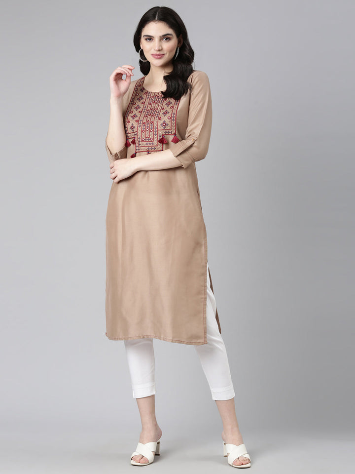 Neerus Brown muslin embroidered straight kurti - detail view 2