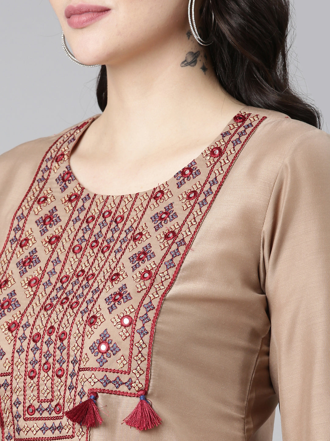 Neerus Brown muslin embroidered straight kurti - detail view 1