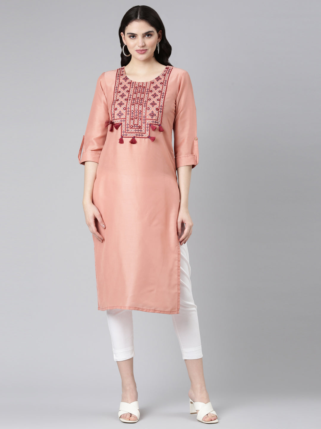 Neerus Orange muslin embroidered straight kurti - front view