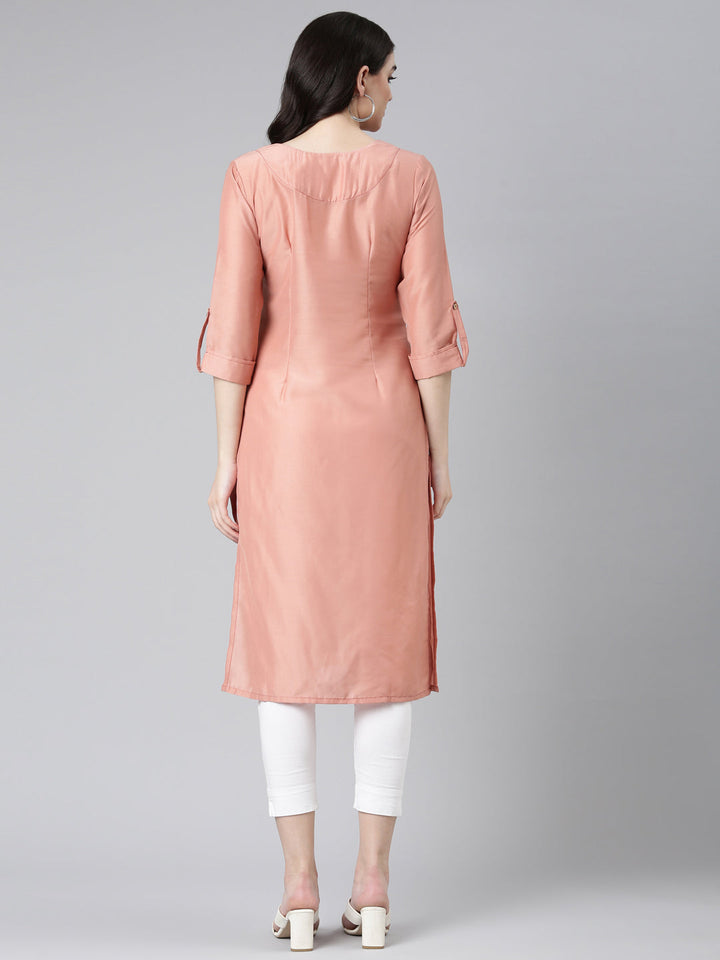 Neerus Orange muslin embroidered straight kurti - side view