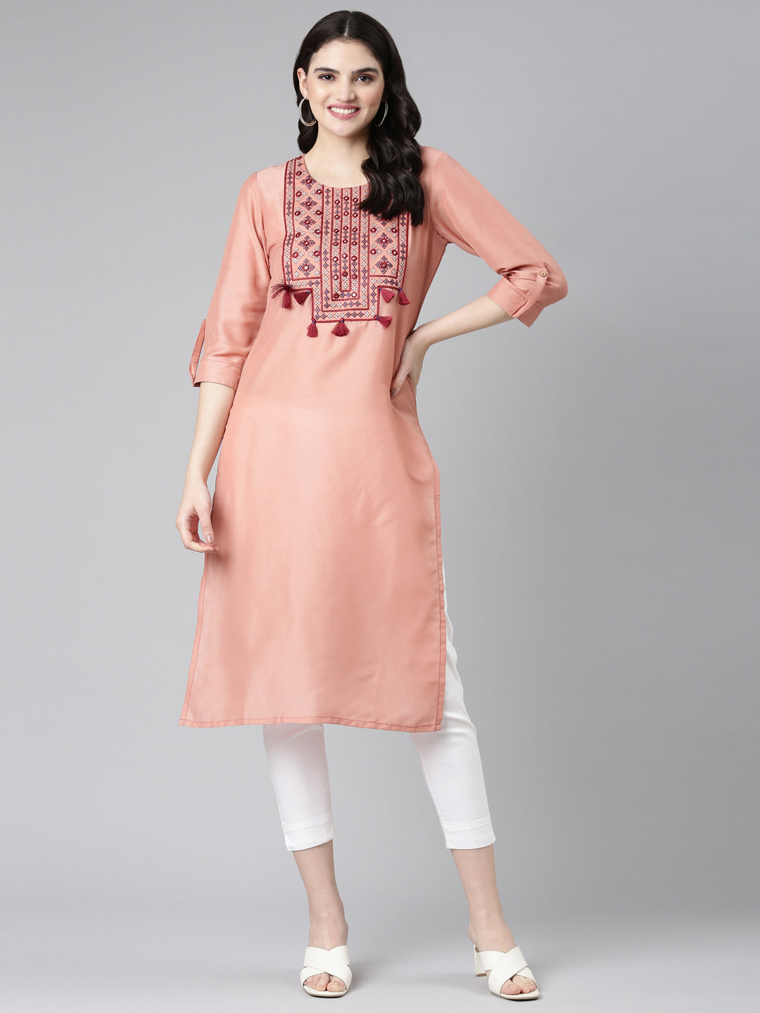Neerus Orange muslin embroidered straight kurti - detail view 2