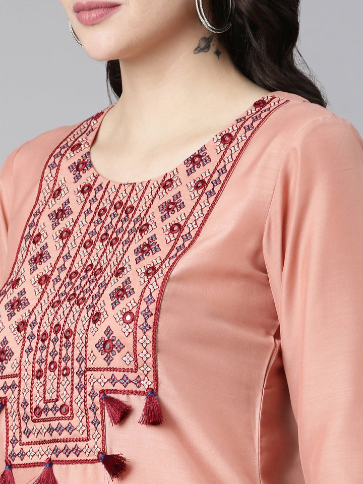 Neerus Orange muslin embroidered straight kurti - detail view 1