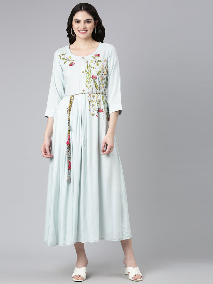 Neerus Blue embroidered straight gown - front view