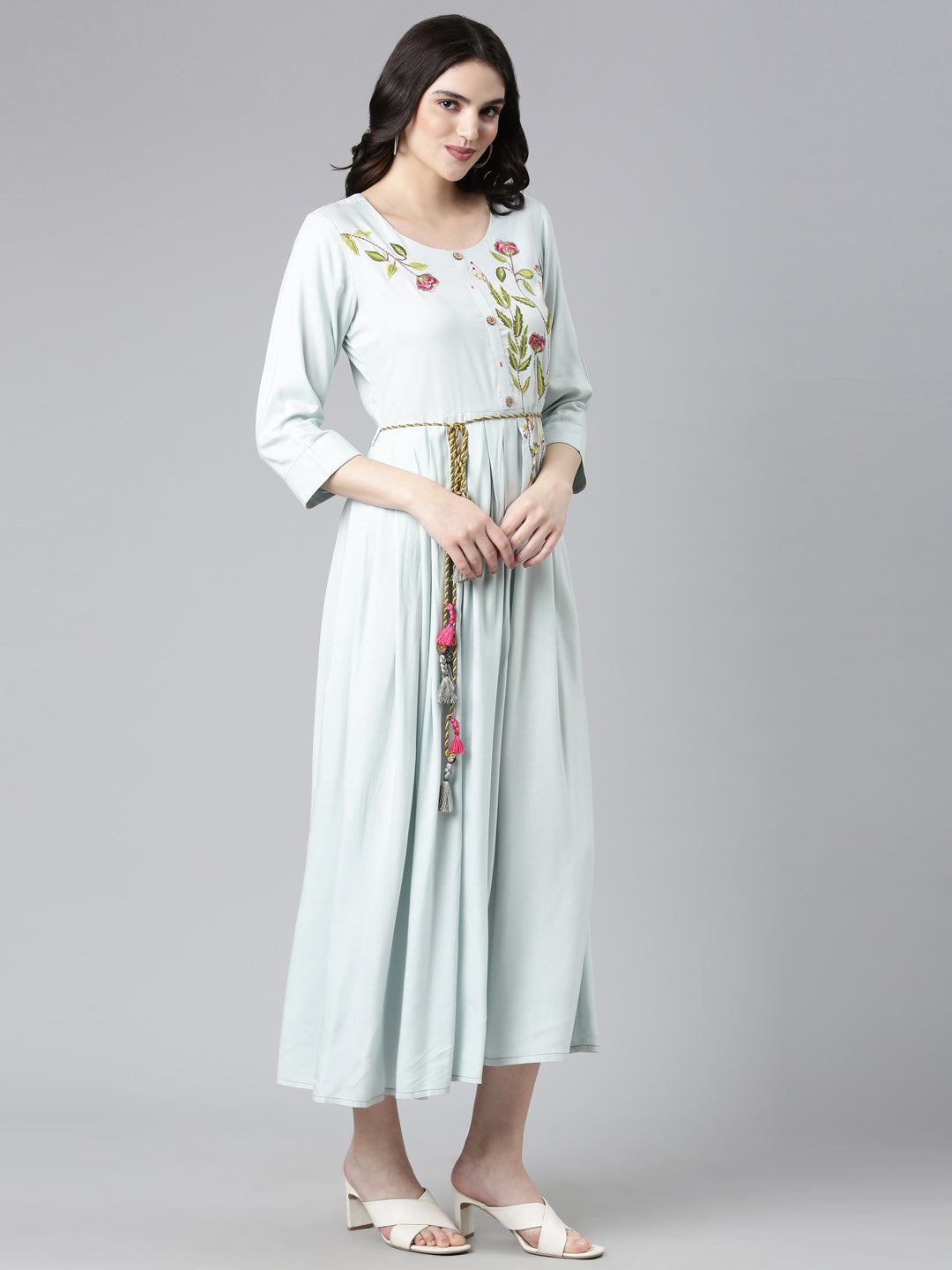 Neerus Blue embroidered straight gown - back view
