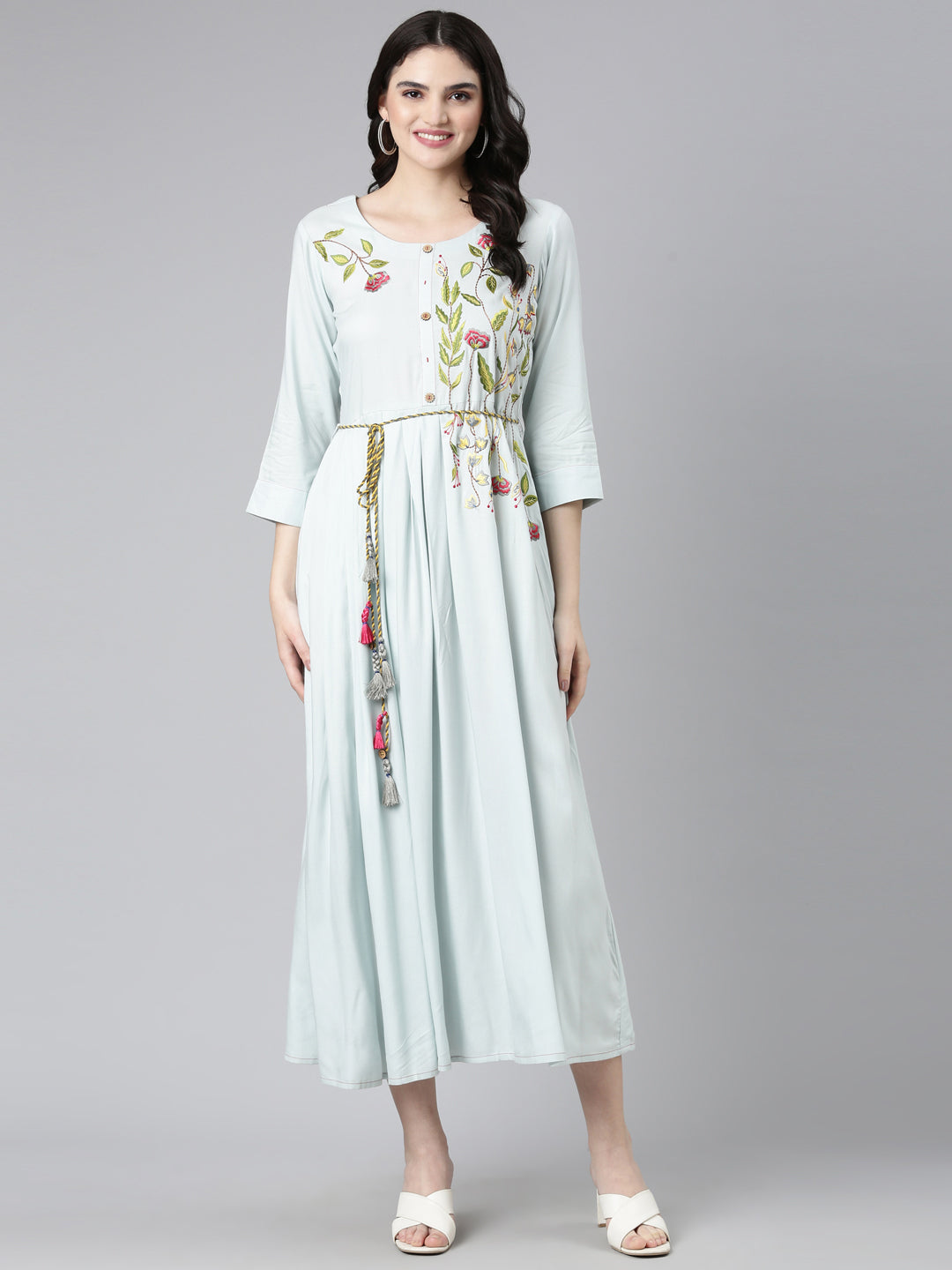 Neerus Blue embroidered straight gown - detail view 2