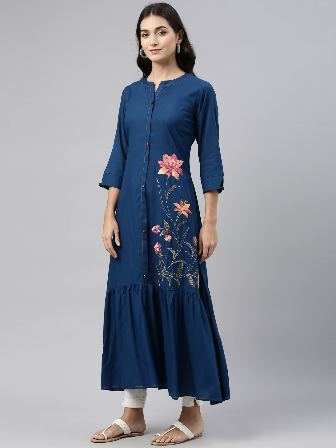 Neerus Blue embroidered floral kurta - back view