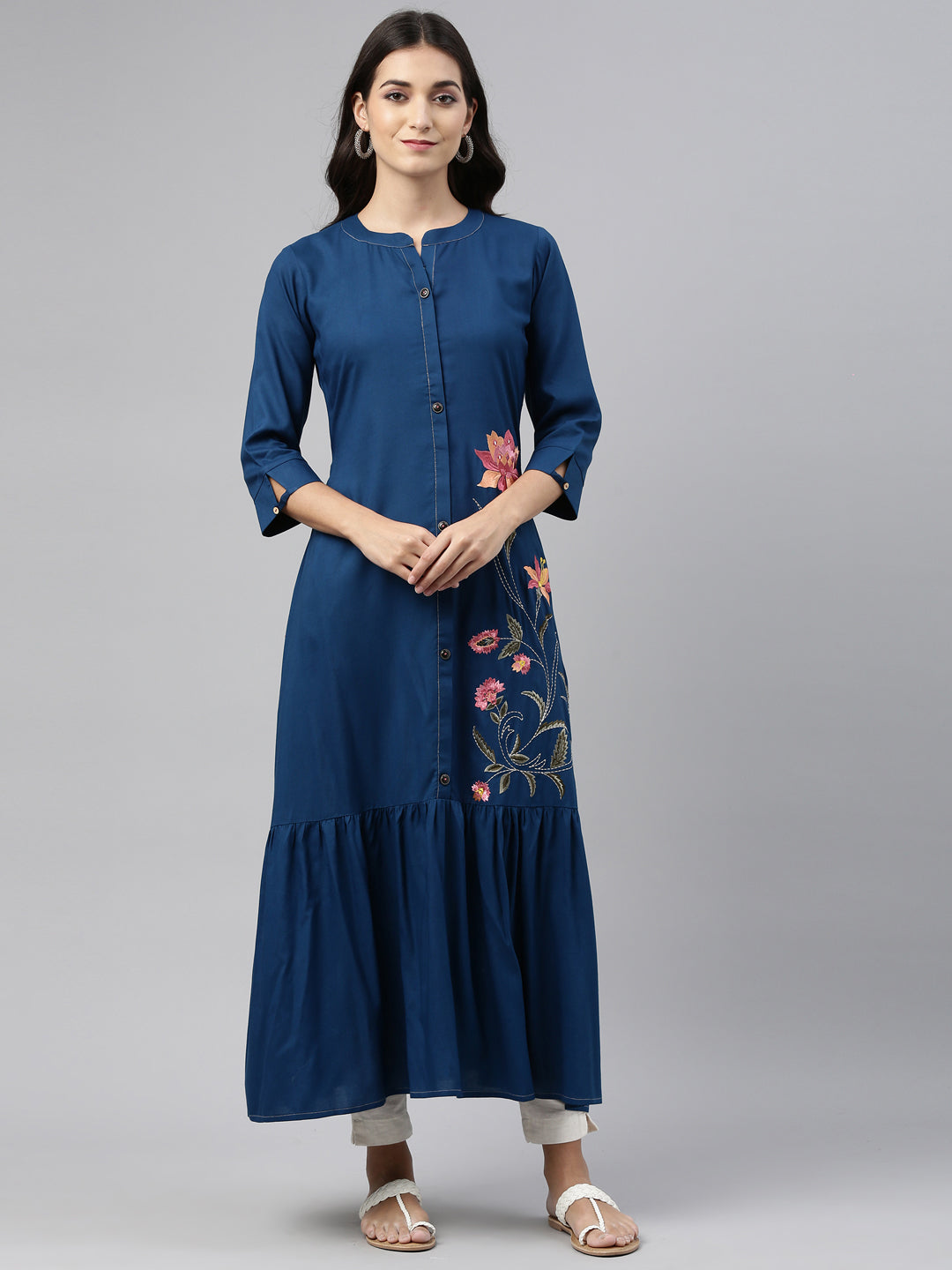 Neerus Blue embroidered floral kurta - front view