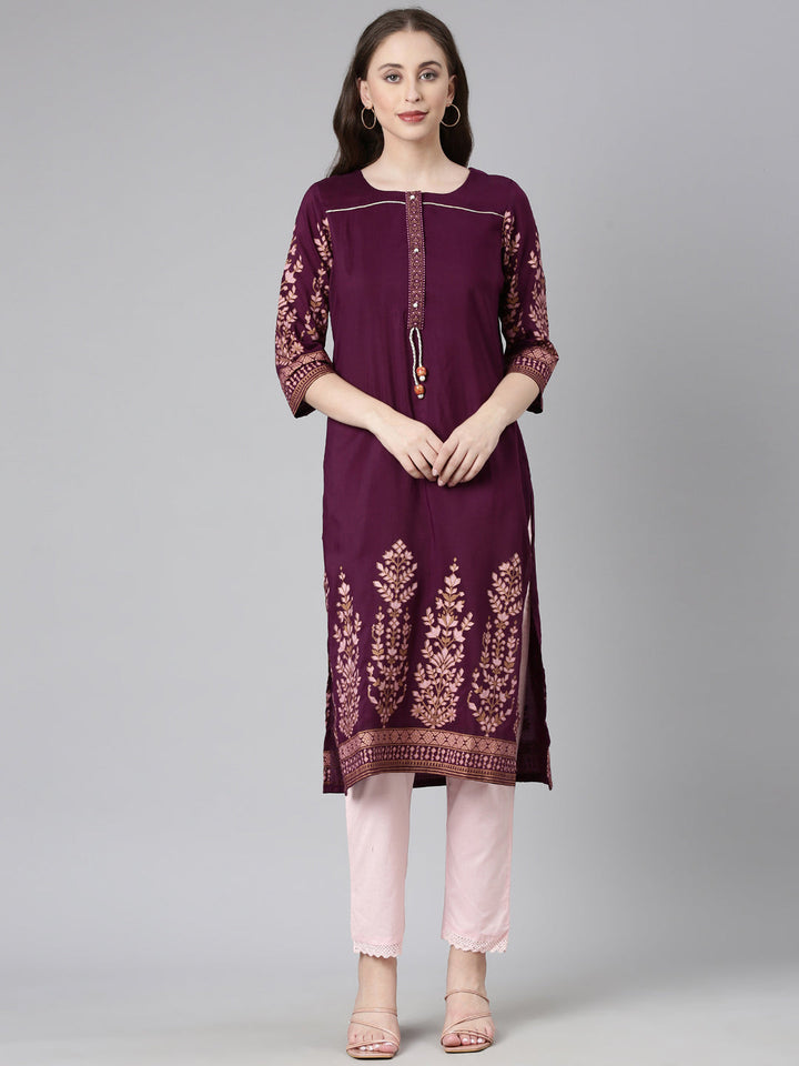 Neerus Purple Casual Solid Straight Kurtas