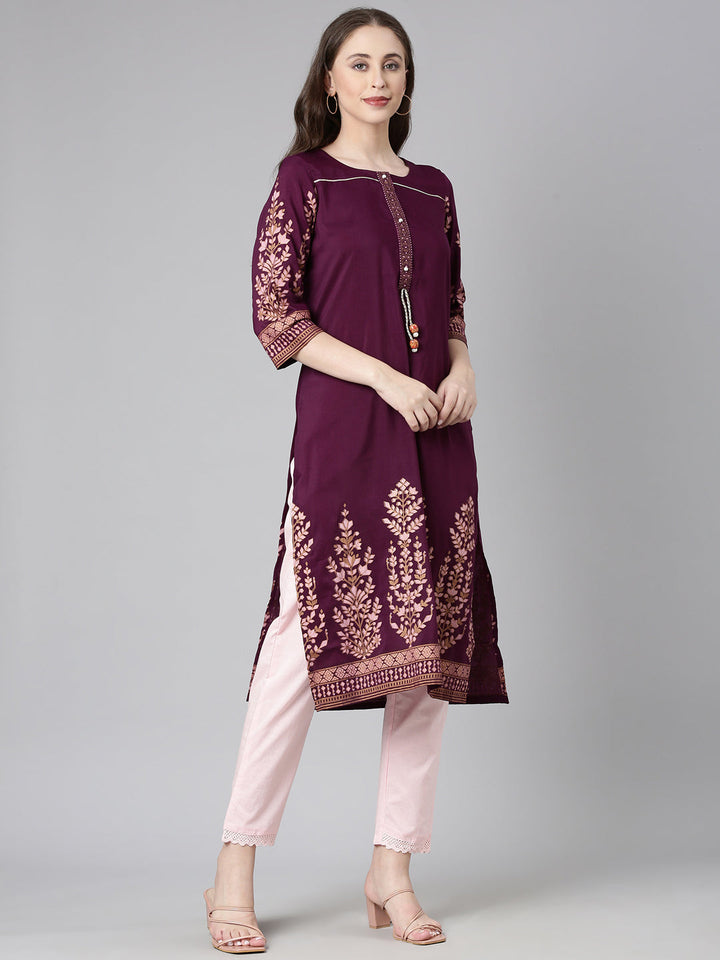 Neerus Purple Casual Solid Straight Kurtas