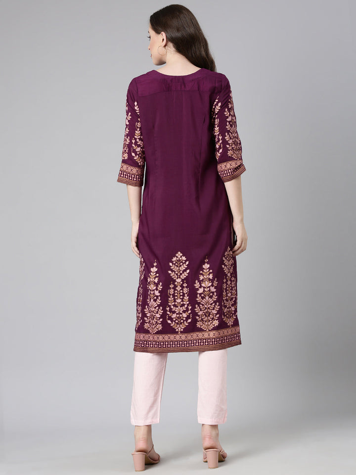 Neerus Purple Casual Solid Straight Kurtas