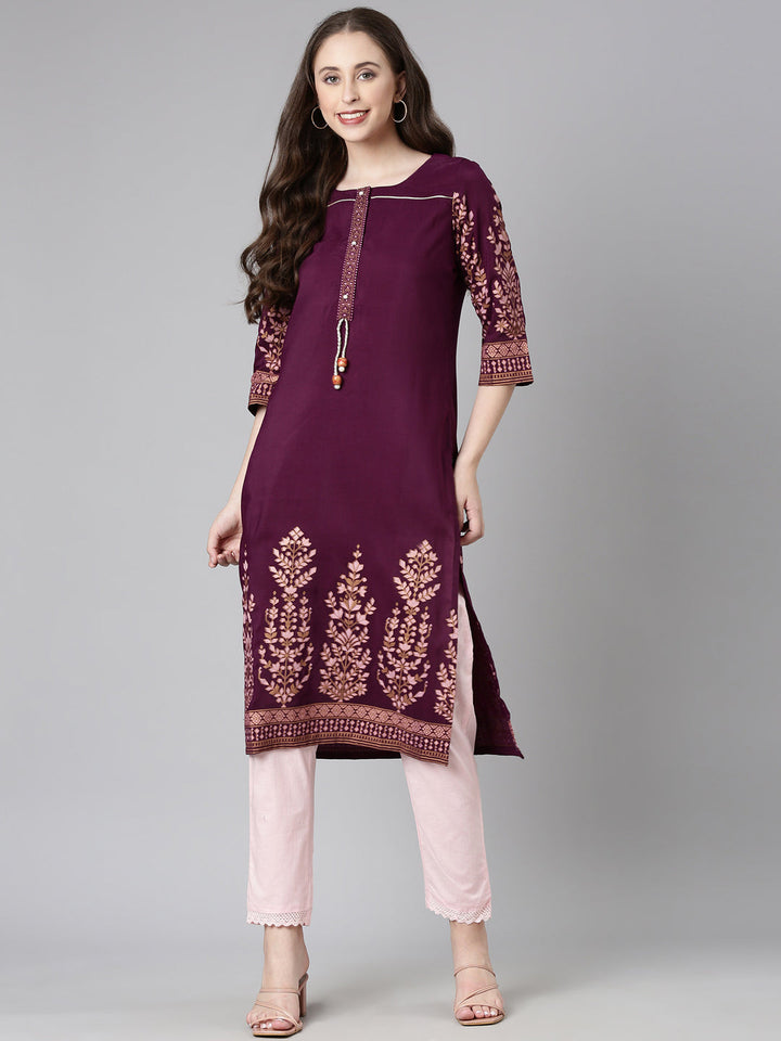 Neerus Purple Casual Solid Straight Kurtas