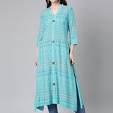 Neerus Teal Casual Chevron A-Line Kurtas