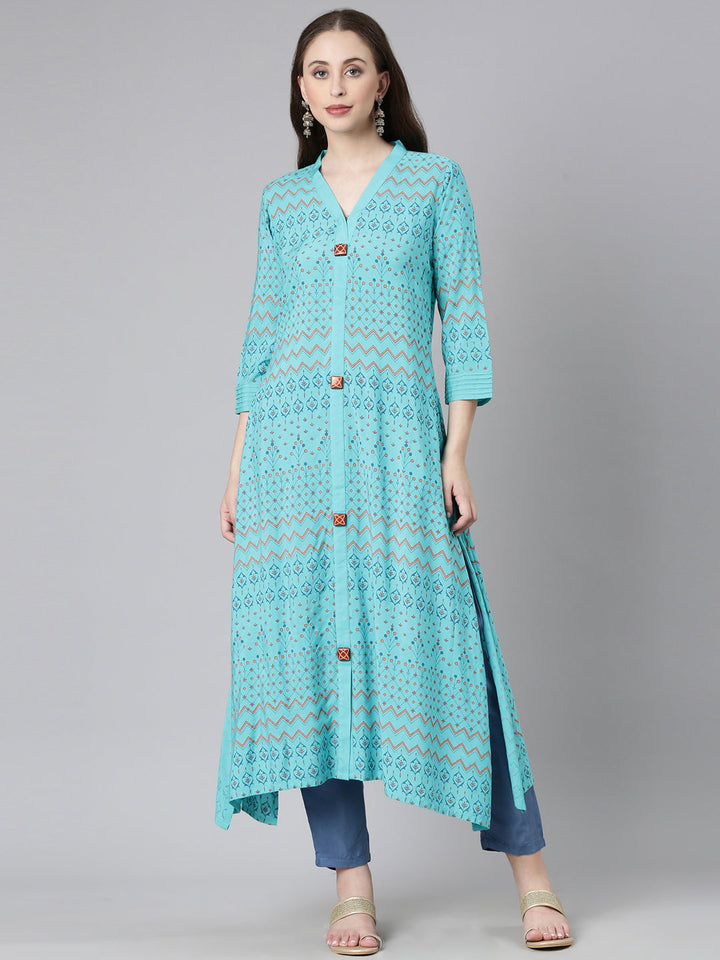 Neerus Teal Casual Chevron A-Line Kurtas