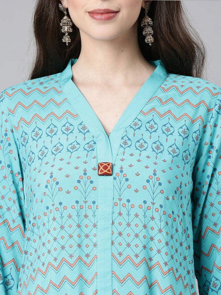 Neerus Teal Casual Chevron A-Line Kurtas