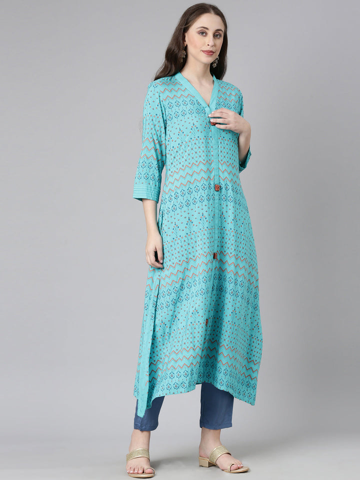 Neerus Teal Casual Chevron A-Line Kurtas
