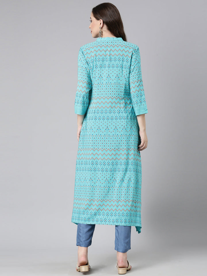 Neerus Teal Casual Chevron A-Line Kurtas