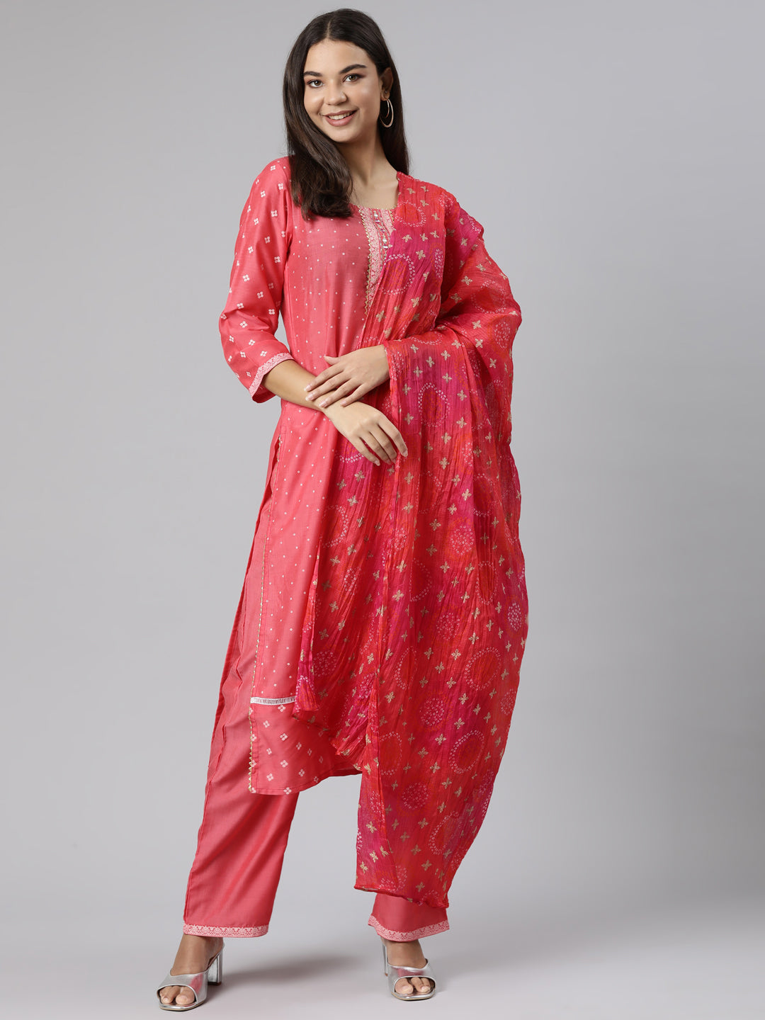 Neerus Red muslin Bandhani printed suit set - front view