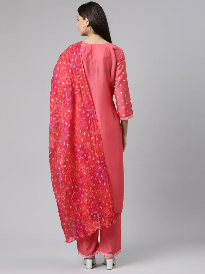 Neerus Red muslin Bandhani printed suit set - side view
