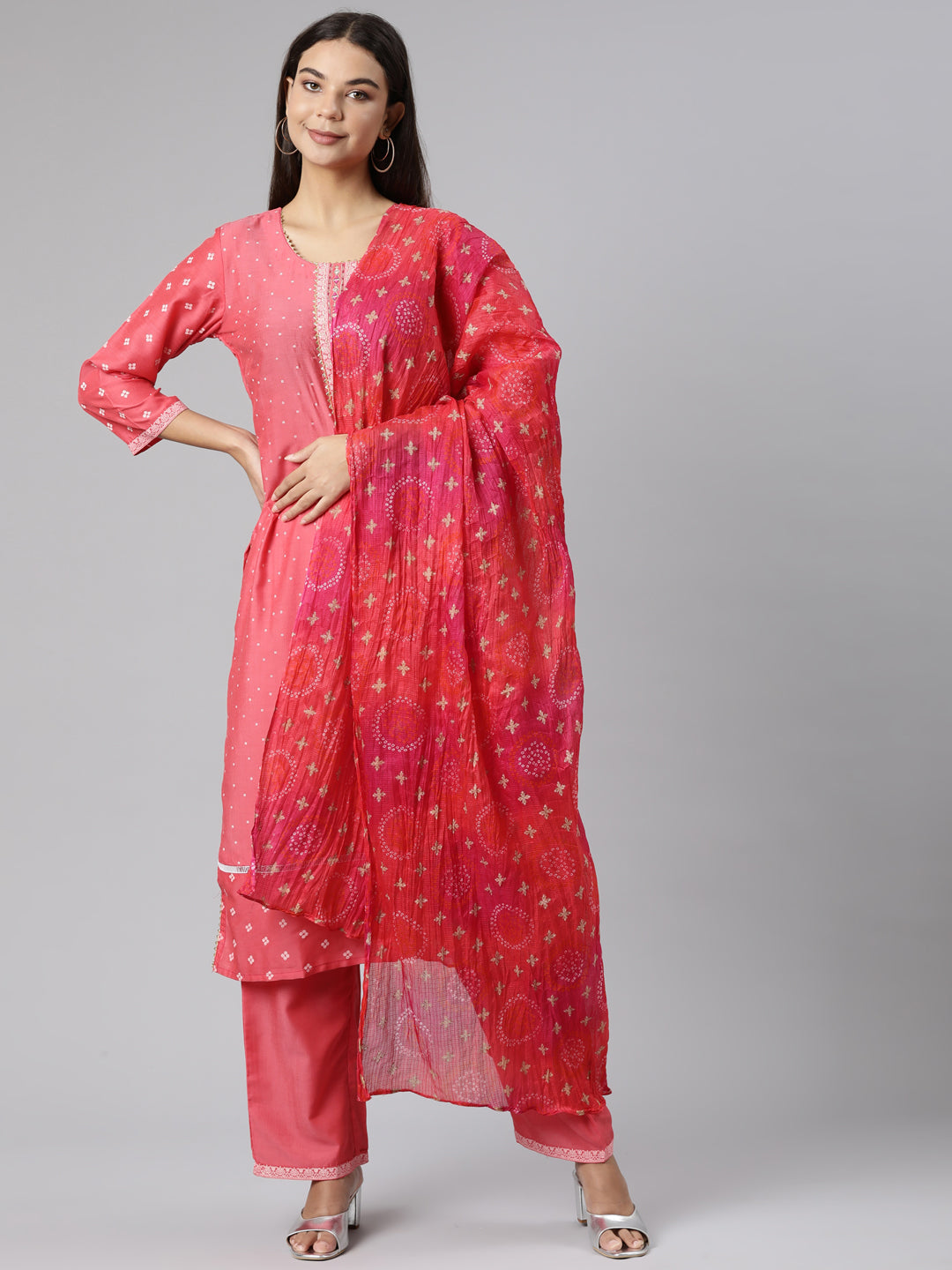 Neerus Red muslin Bandhani printed suit set - detail view 2