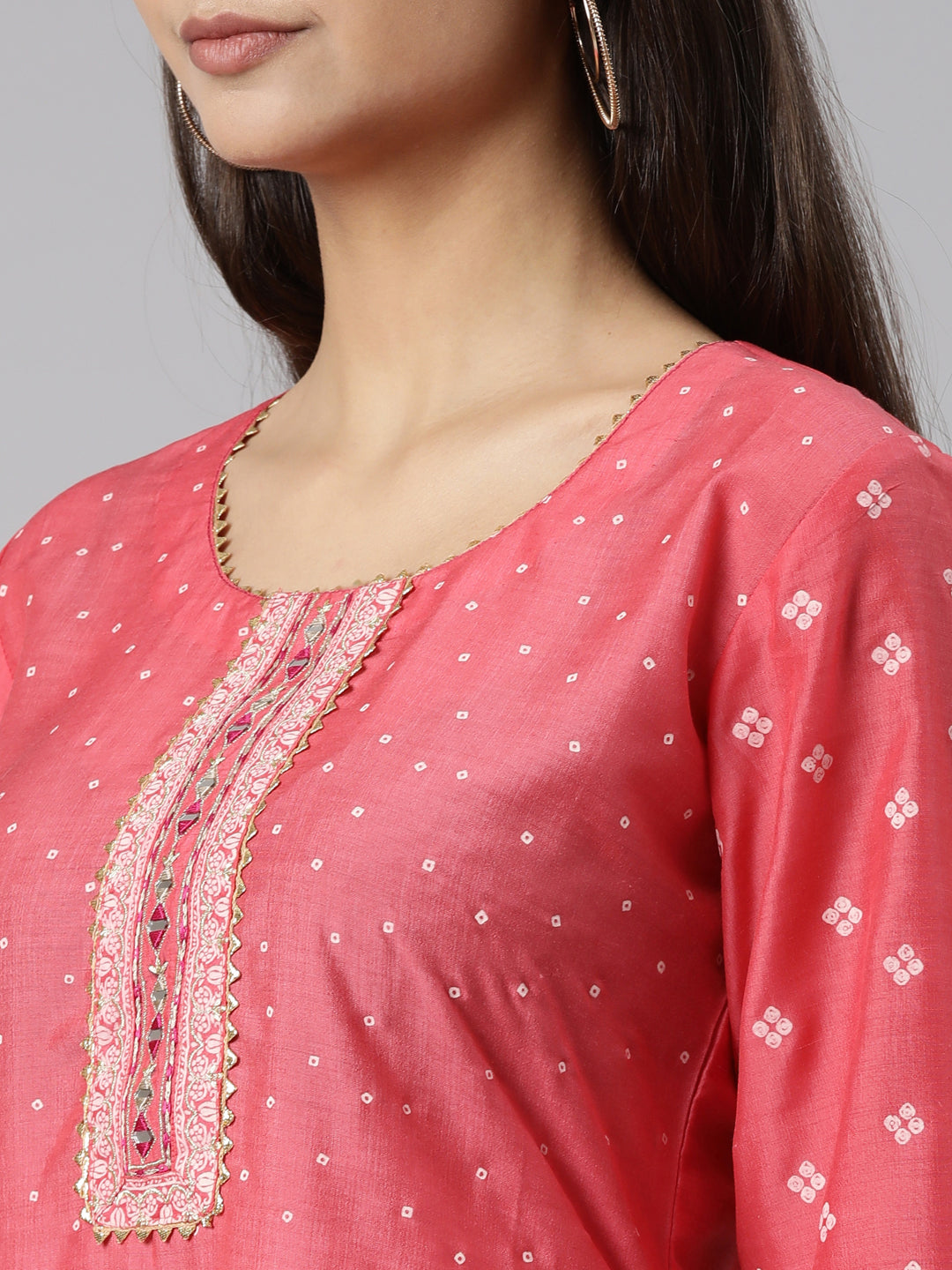Neerus Red muslin Bandhani printed suit set - detail view 1