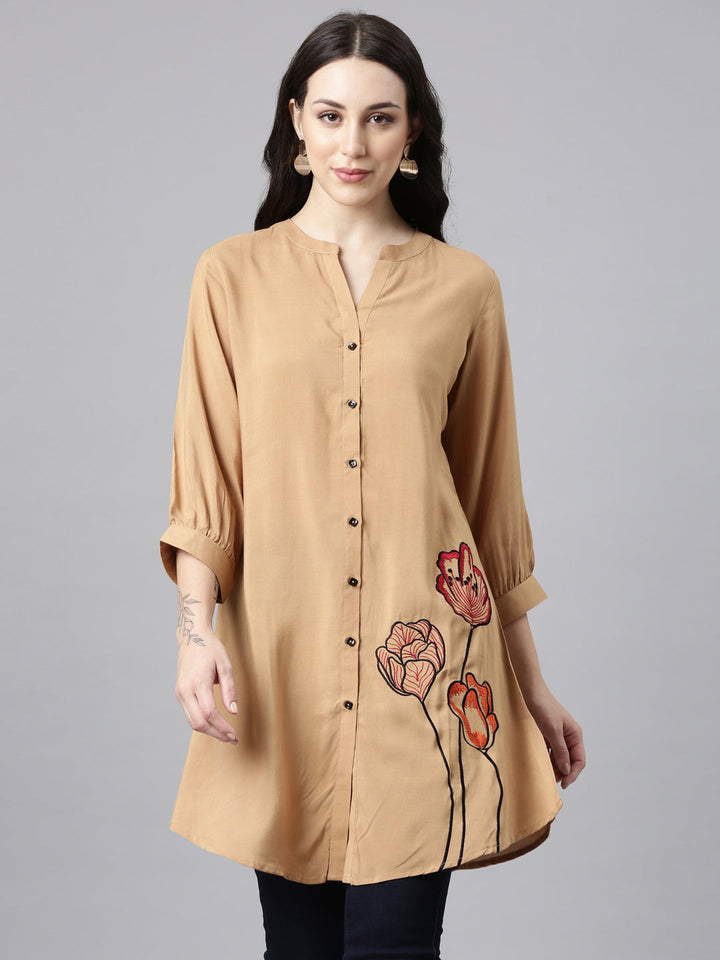 Neerus Beige rayon solid high-low kurti - front view
