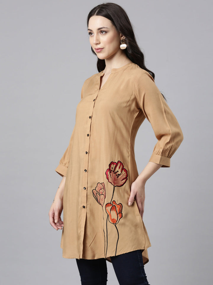Neerus Beige rayon solid high-low kurti - back view