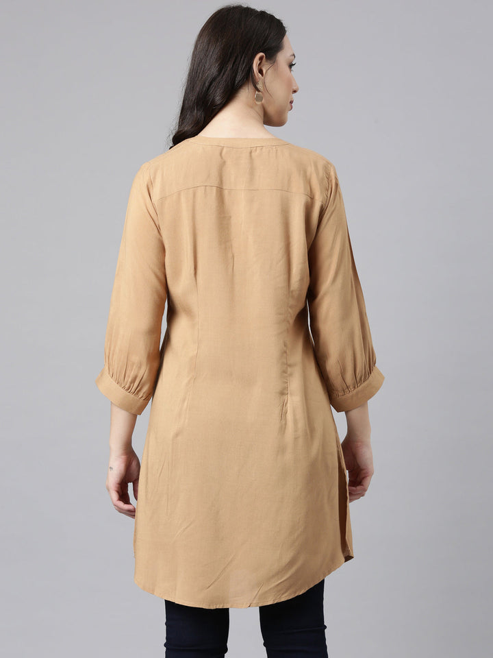 Neerus Beige rayon solid high-low kurti - side view