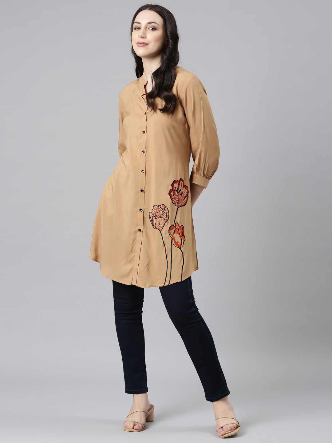 Neerus Beige rayon solid high-low kurti - detail view 2