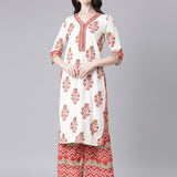 Neerus Cream Printed Straight Kurta and Palazzos