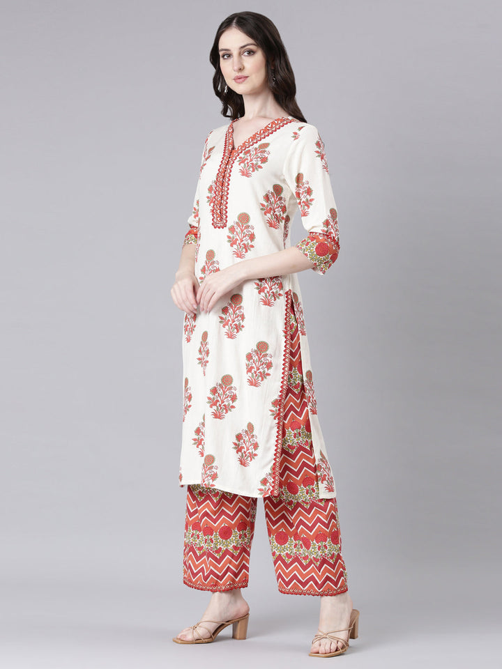 Neerus Cream Printed Straight Kurta and Palazzos
