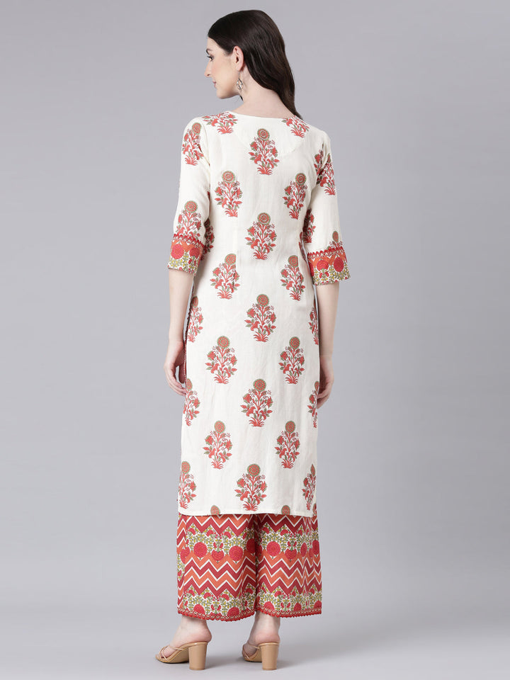 Neerus Cream Printed Straight Kurta and Palazzos