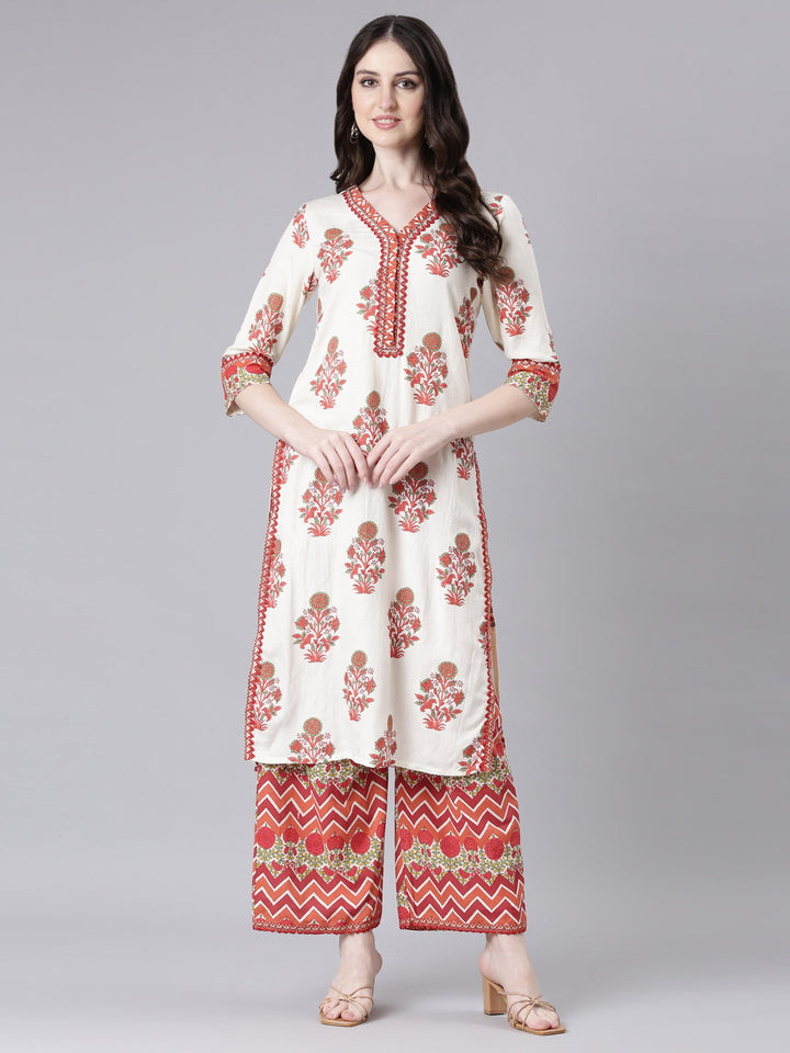 Neerus Cream Printed Straight Kurta and Palazzos