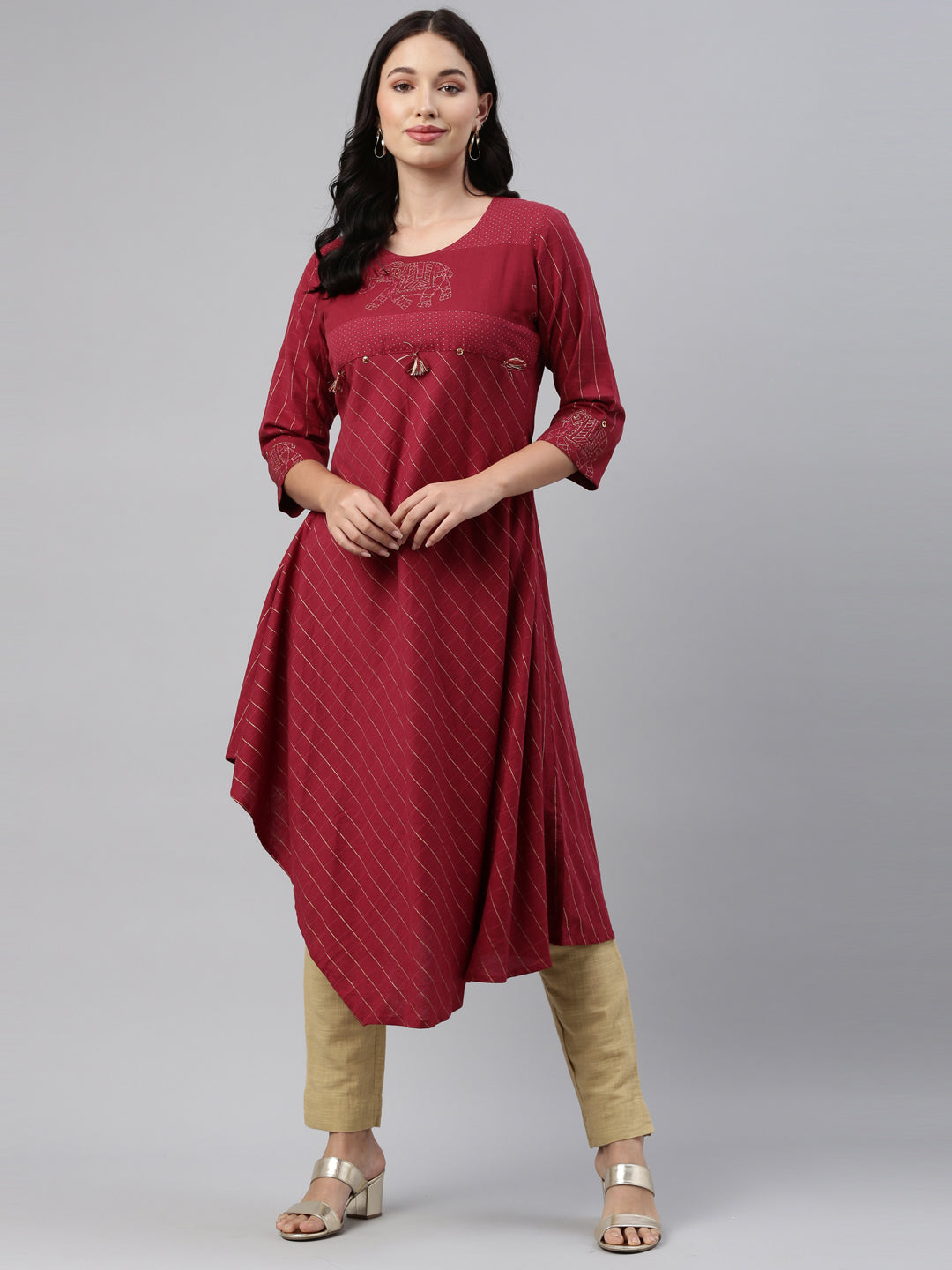 Neerus Maroon rayon solid kurti - front view