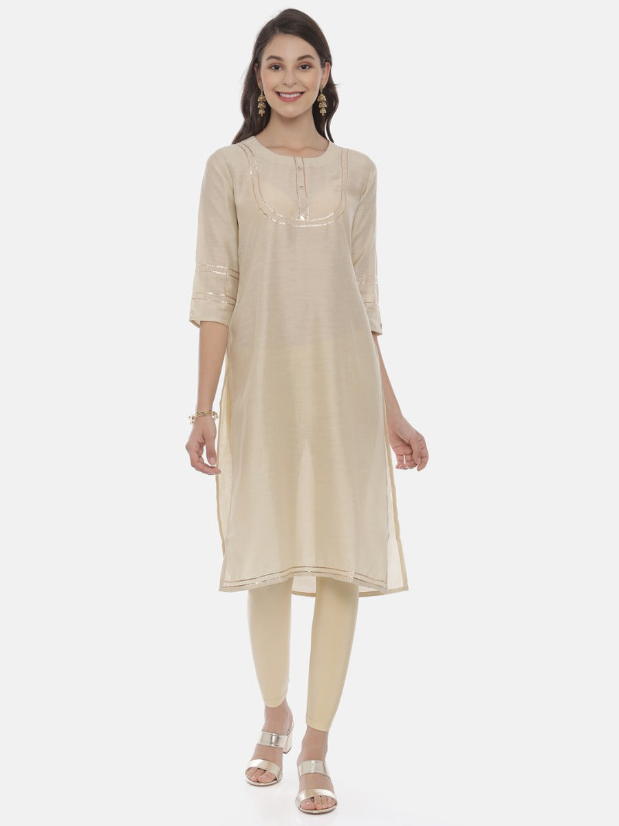 Neerus Beige embellished straight kurta - front view