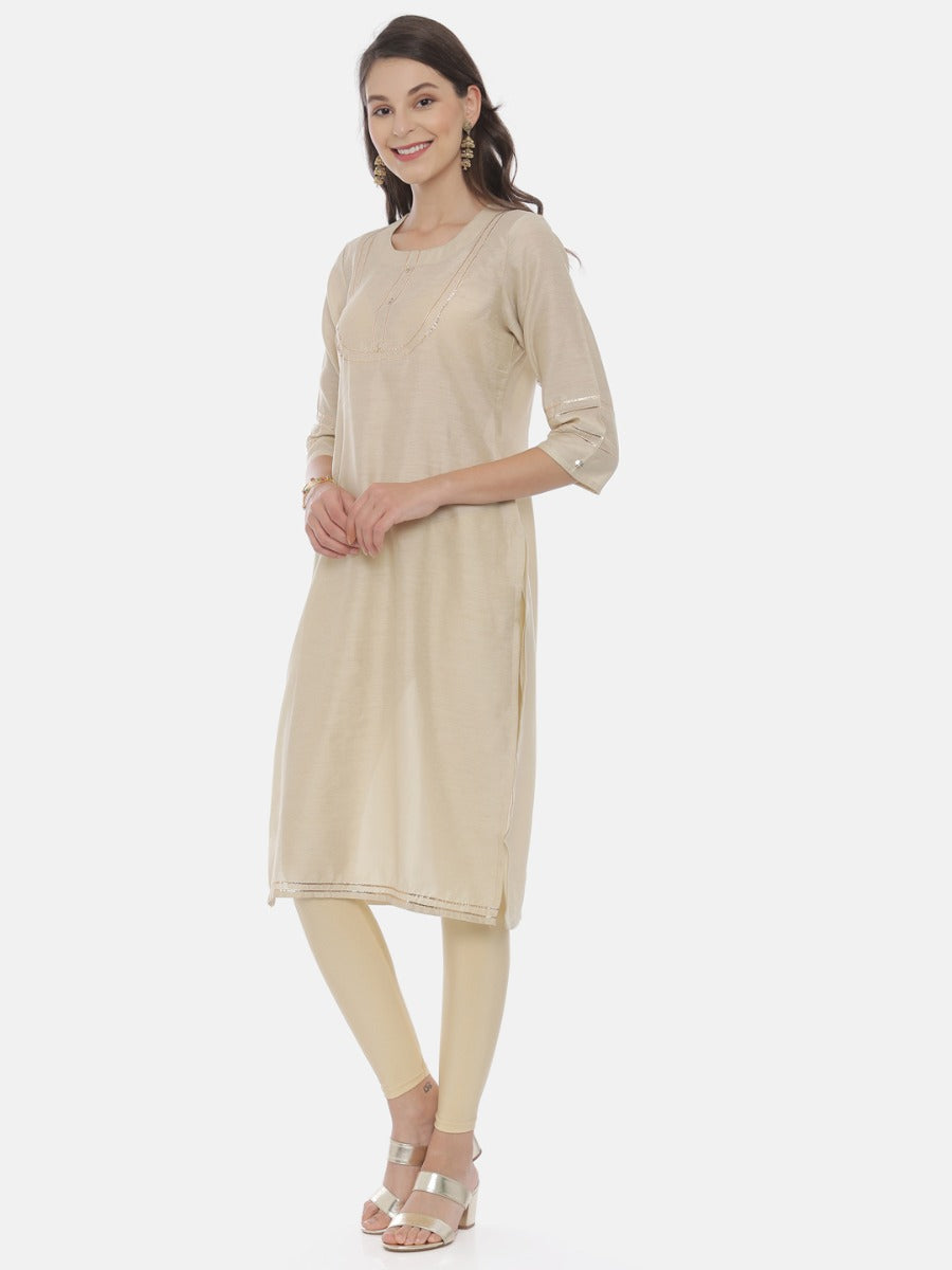 Neerus Beige embellished straight kurta - side view