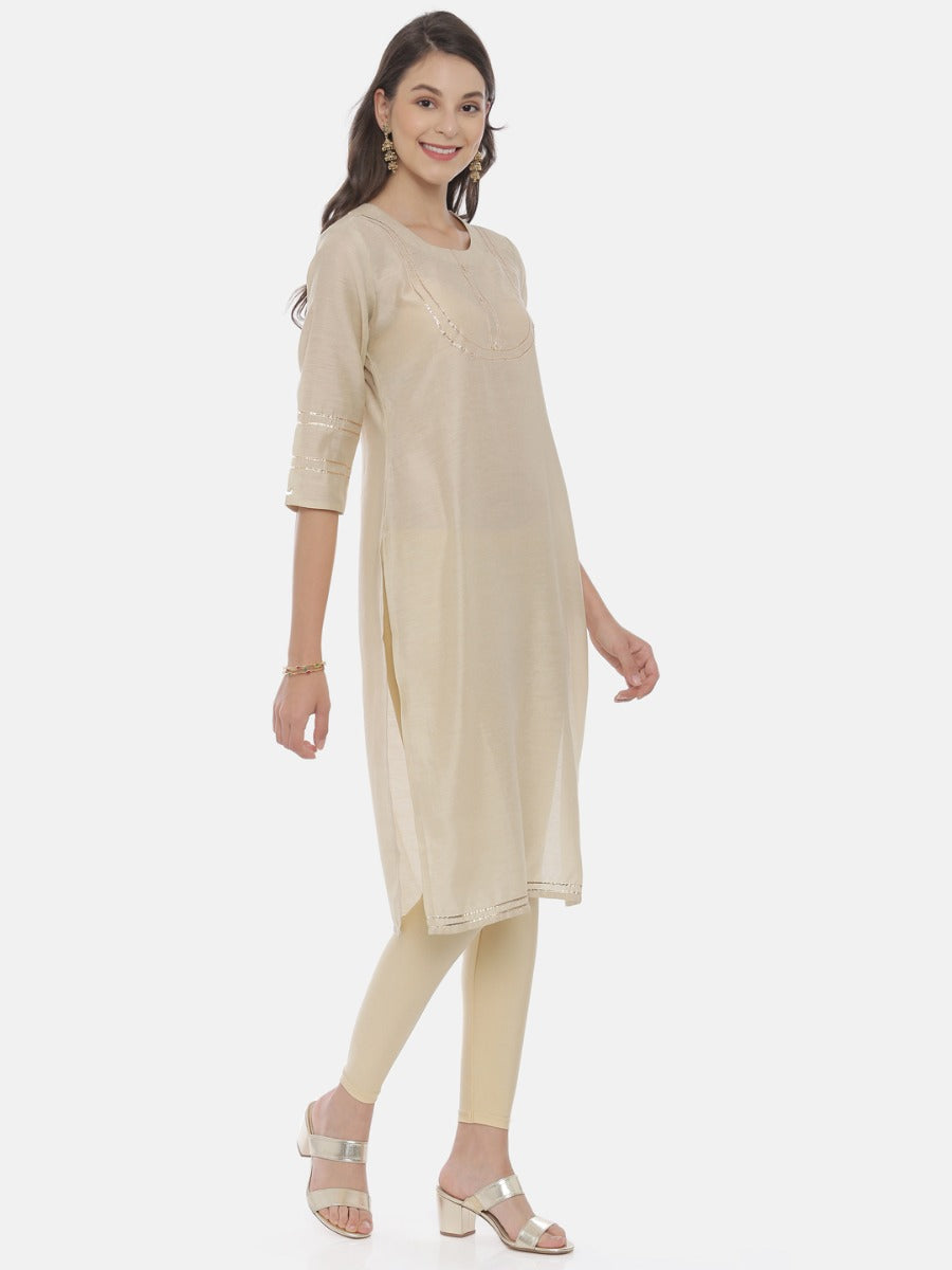 Neerus Beige embellished straight kurta - detail view 1