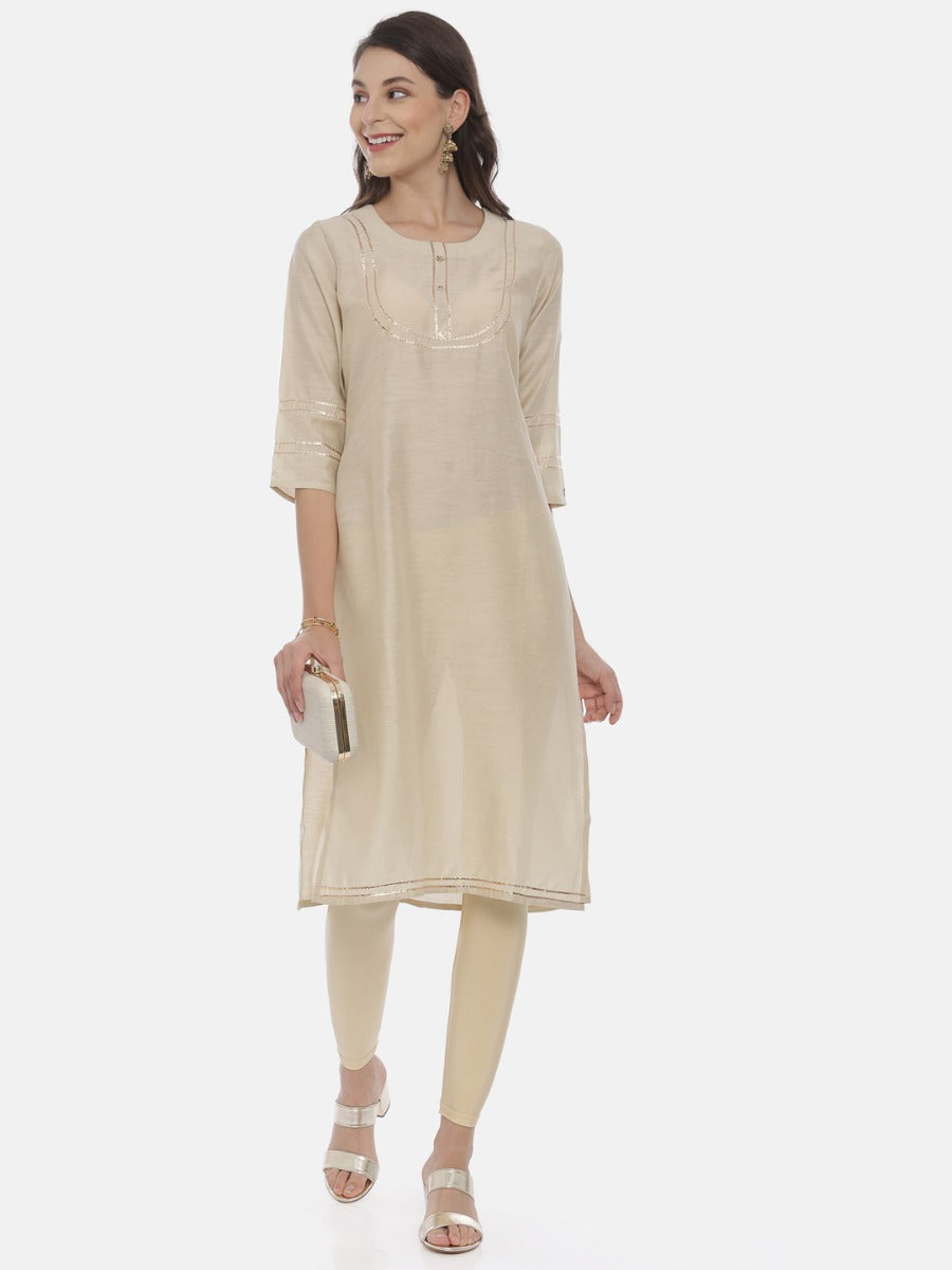 Neerus Beige embellished straight kurta - detail view 3